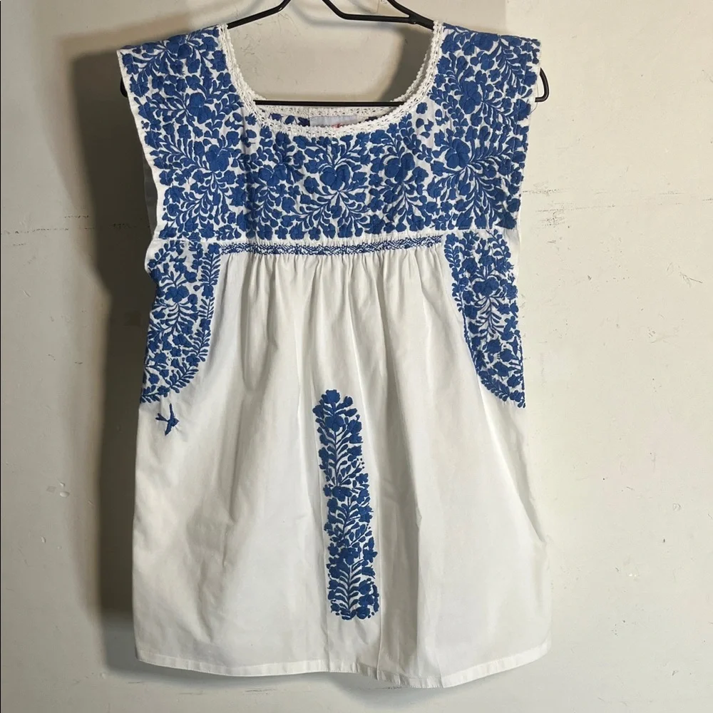 Mi Golondrina Blue & White Embroidered Mexican Women's Blouse - Picture 1 of 9